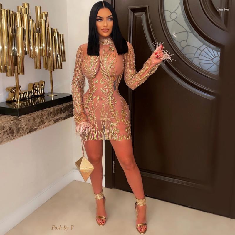 

Casual Dresses Sequins Sheer Mesh Mini Party Dress Women Sexy See Through Mock Neck Feathers Long Sleeve Bodycon Night Clubwear Female, Gold