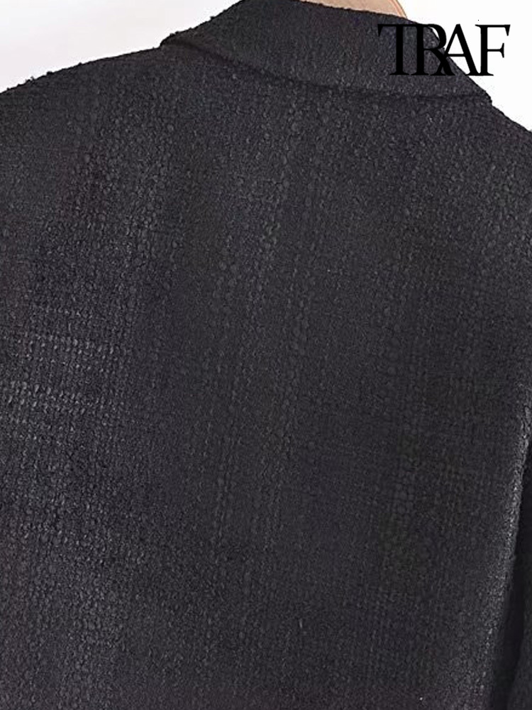 Women's Suits Blazers TRAF Women Fashion Tweed Cropped Blazer Coat Vintage Long Sleeve Front Buttons Female Outerwear Chic Veste Femme 230214