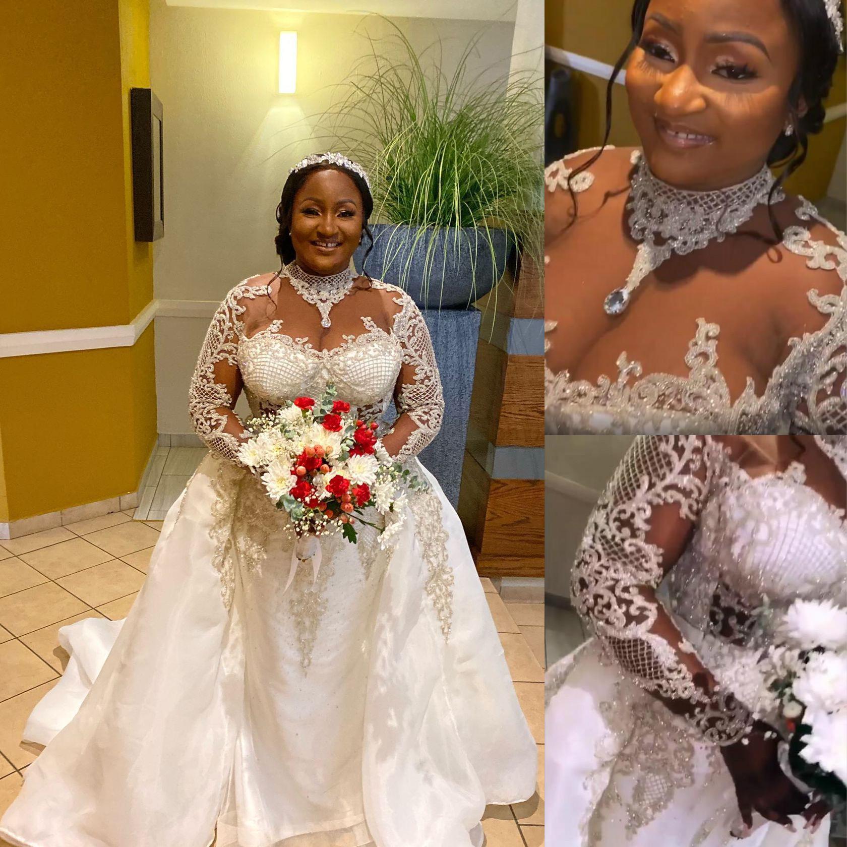 Mermaid 2024 Wedding Dress With Detachable Train High Neck Illusion Top Long Sleeves Lace Applique Bridal Gowns Plus Size Robe de mariee