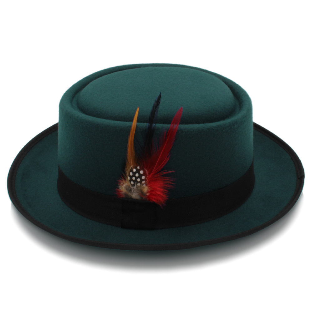 Wide Brim Hats Bucket Fashion Women Men Pork Pie Dad Wool Flat Fedora Lady Gentleman Gambler Panama Trilby With Feather Size 58CM 230214