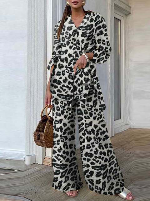 Women's Two Piece Pants Fashion Women Leopard Print Pant Sets ZANZEA Casual Loose Tops and Pant Outfits Autumn Wide Leg Pant Leisure Two Piece Se