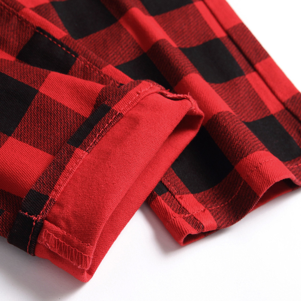 Men's Jeans Men Red Plaid Printed Pants Fashion Slim Stretch Jeans Trendy Plus Size Straight Trousers 230214