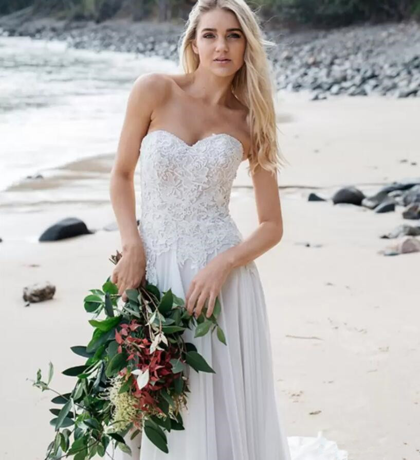 Strapless Fitted Waist A-line Wedding dresses With Soft Flowing Chiffon Skirt With Train Delicate Lace And Pearl Detailing Beach Bridal Dress