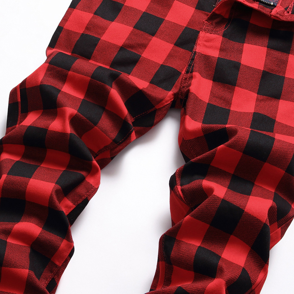 Men's Jeans Men Red Plaid Printed Pants Fashion Slim Stretch Jeans Trendy Plus Size Straight Trousers 230214