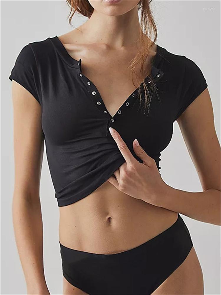 

Women' T Shirts CHRONSTYLE Front Buttons Up Causal Short Sleeve T-shirts Exposed Navel Tops 2023 V-neck Black Solid Summer Slim Fit Cropped