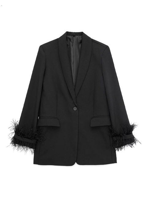 Women's Suits Blazers TRAF Women Fashion With Feathers Front Button Blazer Coat Vintage Long Sleeve Flap Pockets Female Outerwear Chic Vestes 230