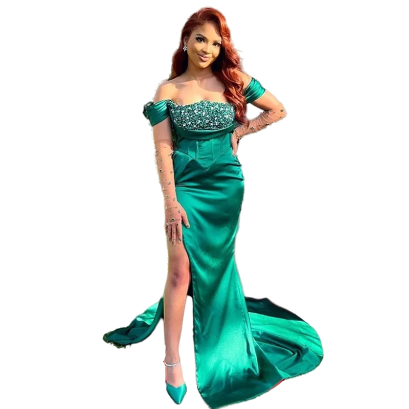 Sexy Side Split Green Prom Dresses Beaded Sequins Crystals Off Shoulder Mermaid Evening Gowns Corset Long Satin Special Occasion Wear For Women