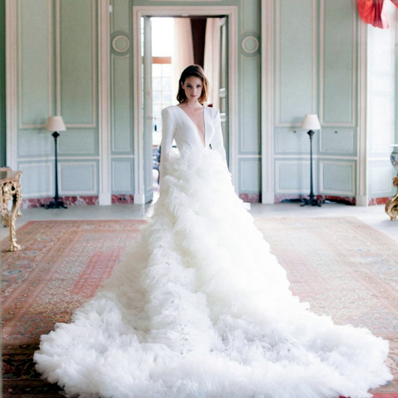 Tiers Long Train Wedding Dress Full Sleeves Simple A-Line White Bridal Gowns Sheer Deep V-neck Open Back Buttons Garden Gorgeous Sexy Bride Dresses