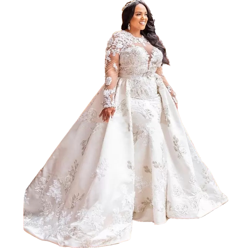 Plus Size Mermaid Wedding Dresses With Detachable Train Lace Applique Crew Neck Long Sleeves Bridal Gowns Gorgeous 2 In 1 Modern Bride Wear