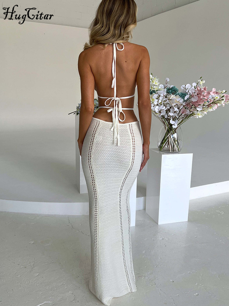 Casual Dresses Hugcitar Crochet Halter Sleeveless Backless Solid Hollow Out Bandage Sexy Slim Maxi Prom Dress Winter Festival Party Outfit 230214