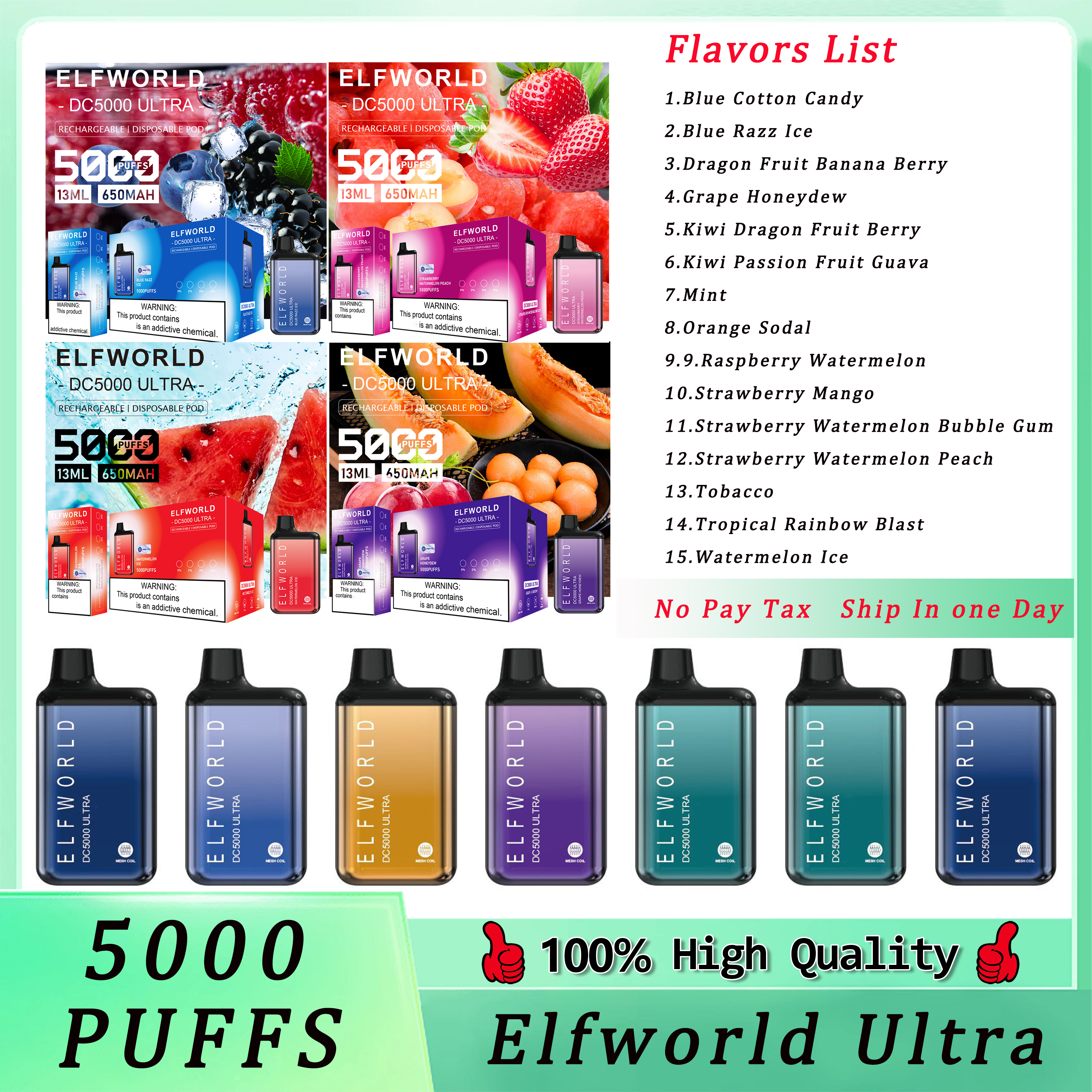 Original Elfworld Ultra 5000 Puffs Disposable Vape Pen E Cigarette With Rechargeable 650mAh Battery 13ml Prefilled Pod DC5000 Bar Kit 15 Flavors Vs Elf BC5000
Original Elfworld Ultra 5000 Puffs Disposable Vape Pen E Cigarette With Rechargeable 650mAh Battery 13ml Prefilled Pod DC5000 Bar Kit 15 Flavors Vs Elf BC5000