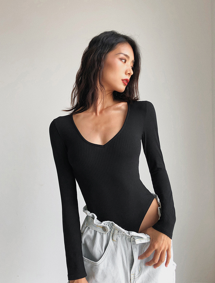 Womens Jumpsuits Rompers Women V Neck Long Sleeve Ribbed Bodysuit 230214