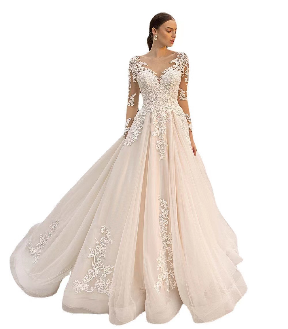 Sheer Crew Neck A E Wed Dress Sexy See Through Button Back Long Sleeves Appliques New Vintage Cheap Lace Wedding Dresses Vestios De Novia Bridal Gown 