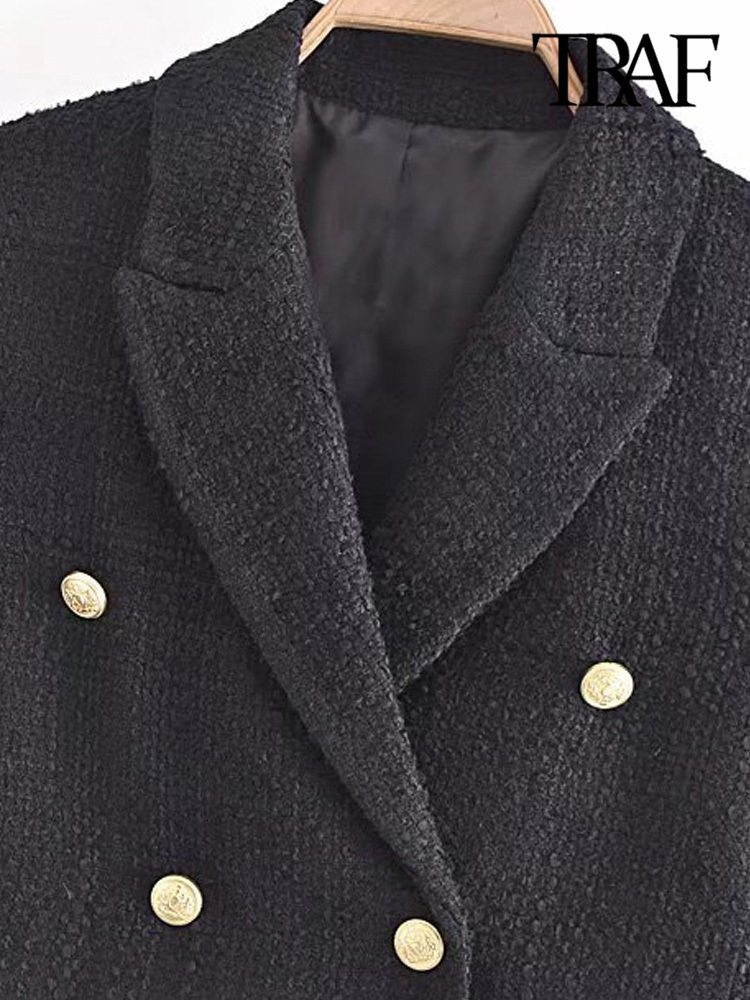 Women's Suits Blazers TRAF Women Fashion Tweed Cropped Blazer Coat Vintage Long Sleeve Front Buttons Female Outerwear Chic Veste Femme 230214
