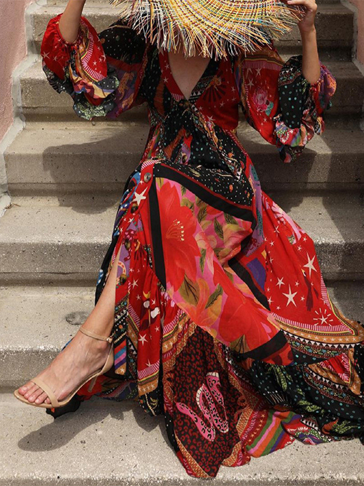 Casual Dresses Spring Summer Elegant VNeck Bohemian Loose Maxi Dress Fashion Print Vacation Beach Dresses Women Vintage Long Sleeve Dress 230214