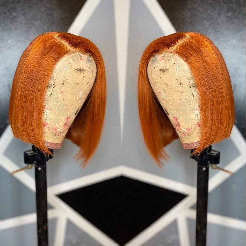 Free shipping Orange Ginger Straight Bob Transparent Lace Front Human Hair Wigs For Women Short Highlight Wig Synthetic
