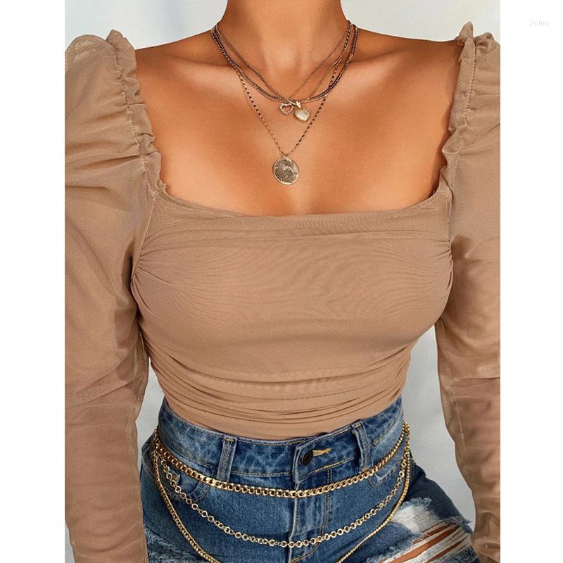 Womens Blouses Sexy Ruched Square Collar Slim Fit Blouse Women Solid Color Long Sleeve Top Puff Shoulder Mesh Lady Chic