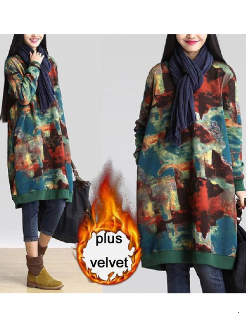 Casual Dresses Autumn Winter Women Dress Oversized ONeck Thick Velvet Outwear Graffiti Print Woolen Hoodies Plush Midi 230214