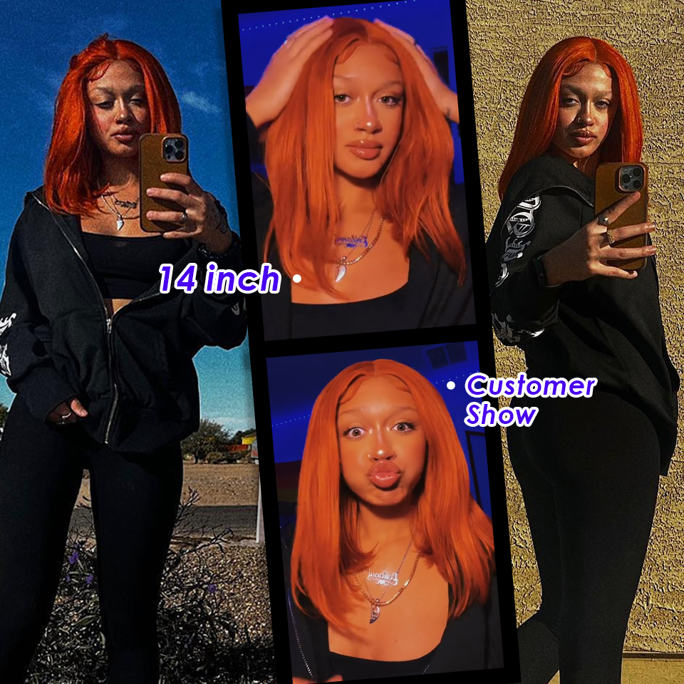 Free shipping Orange Ginger Straight Bob Transparent Lace Front Human Hair Wigs For Women Short Highlight Wig Synthetic