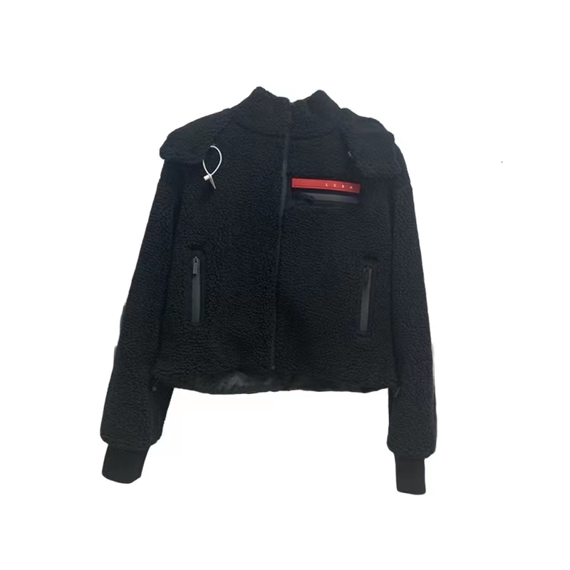 Womens Jackets Winter Highend Red Letter Coat Allmatch Casual Short Stitching Lamb Wool Hooded Jacket 230215
