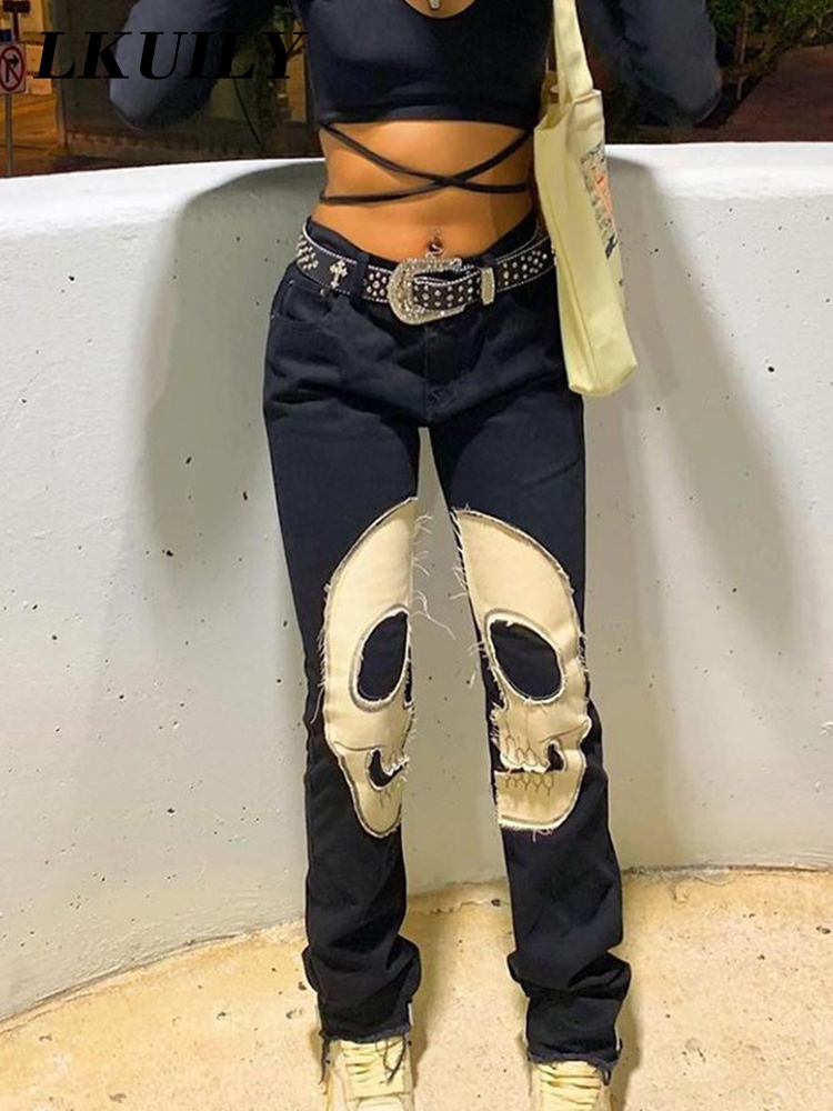 Women's Jeans Skull Vintage Printed Jeans Women High Waist Y2K Streetwear 90S Baggy Jeans Pants Denim Trousers Harajuku Cargo Straight Jean 23021