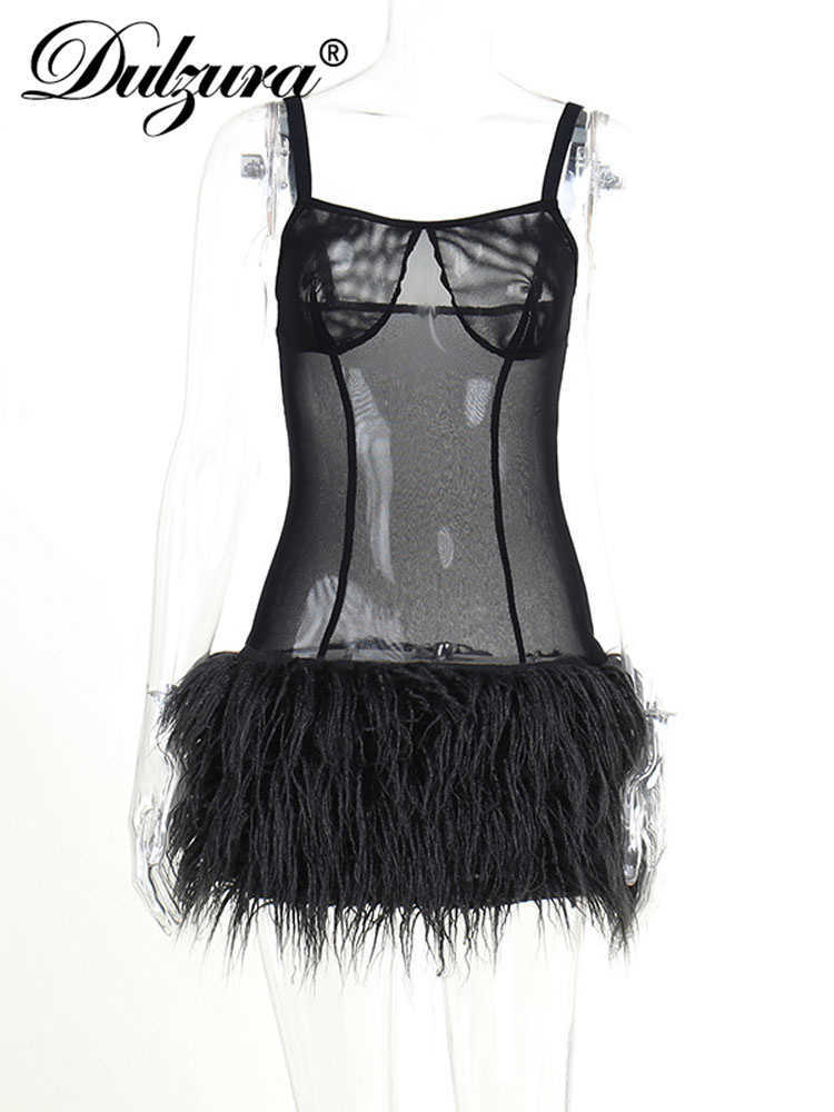 Dulzura Mesh Dresses Casual See Through Sexy Y2k Clothes Feather Sleeveless Backless Bodycon Mini Dresses For Women Club Party Birthday Outfits T2