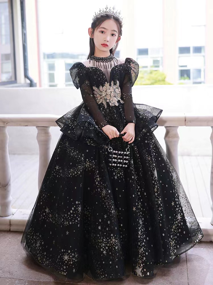 Lovely Black flower girl dress Girls Pageant Gowns 2023 Gold Sequins Tulle Ball Gown Kids Formal Dresses For Wedding Baby crystal birthday party gown