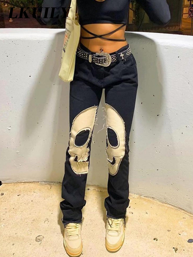 Women's Jeans Skull Vintage Printed Jeans Women High Waist Y2K Streetwear 90S Baggy Jeans Pants Denim Trousers Harajuku Cargo Straight Jean 23021