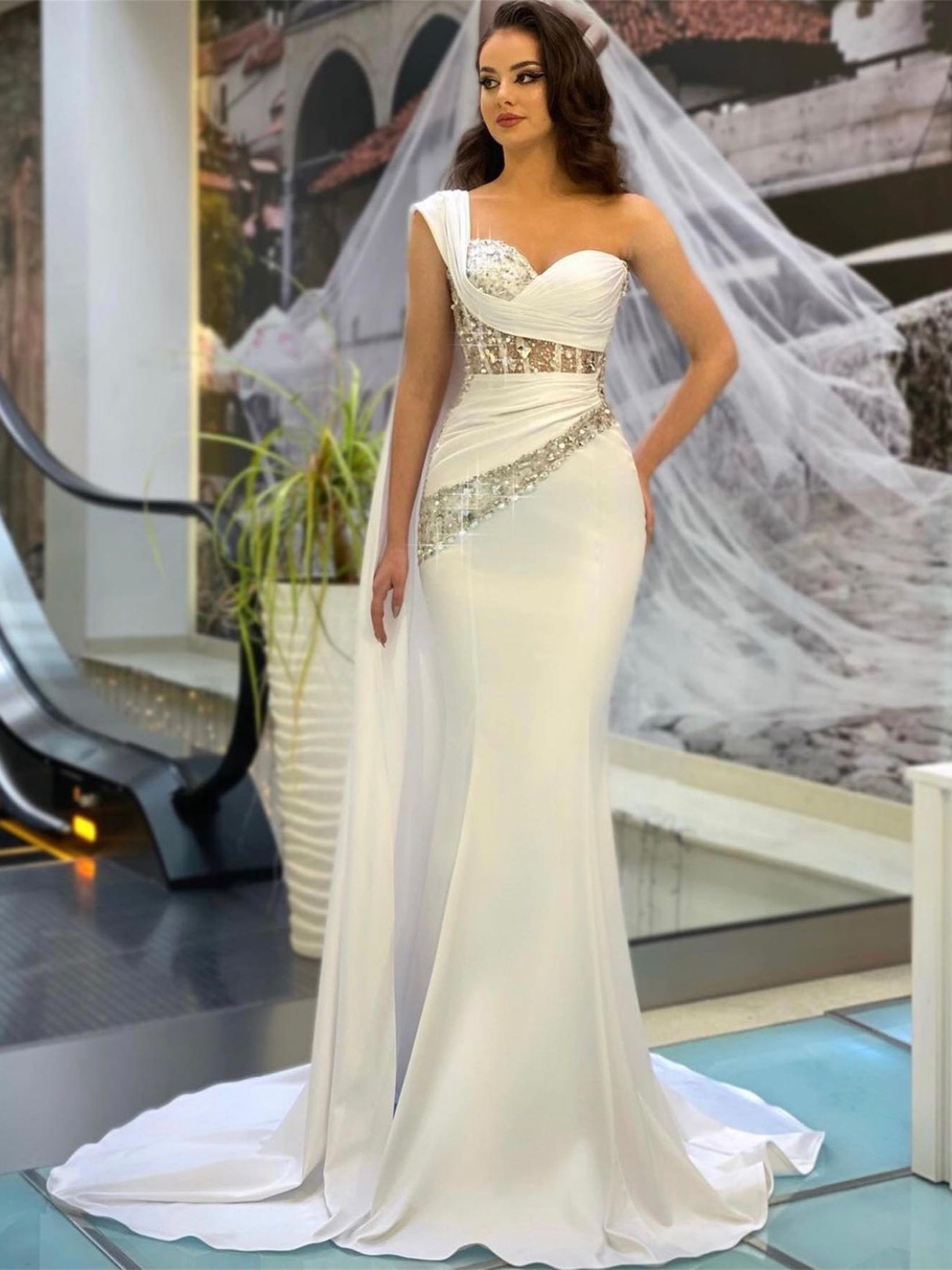 Summer Crystal Mermaid Wedding Dress Sparkly One Shoulder Beading Backless Bridal Gowns Vestido De Casamento