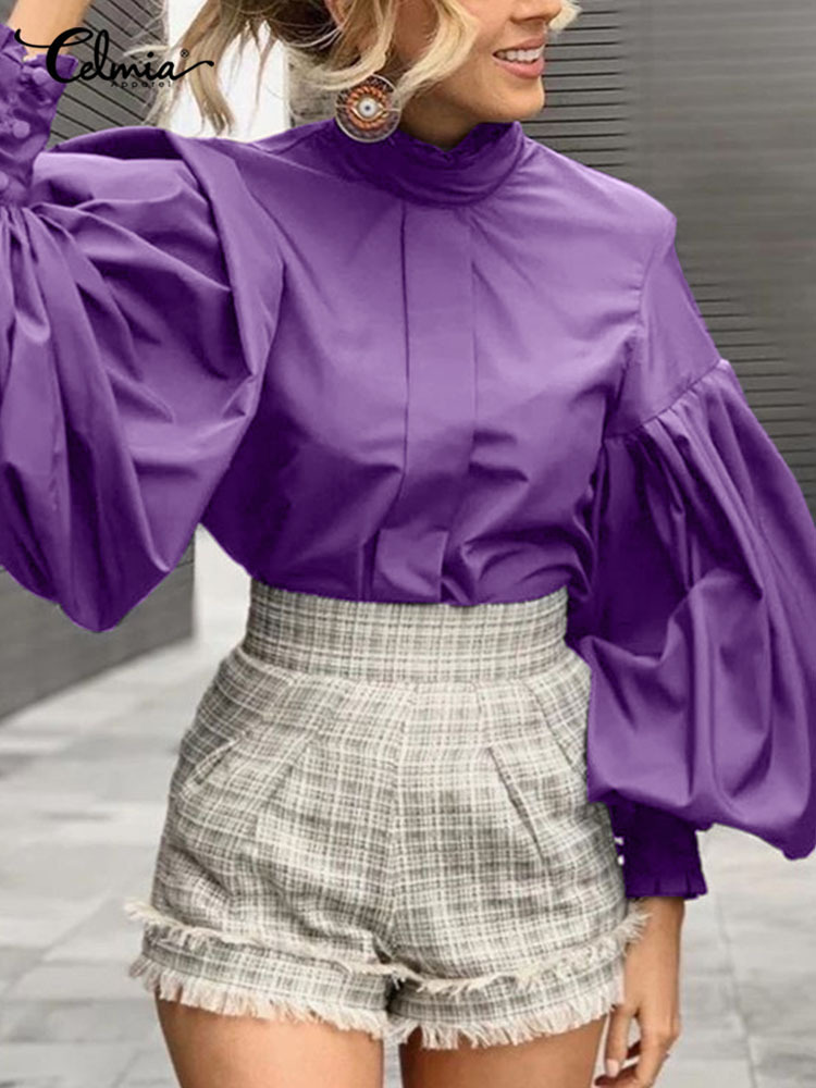 Women's Blouses Shirts Celmia Big Lantern Sleeve Women Blouses Elegant Streetwear Party White Shirts Fashion Stand Collar Casual Loose Blusas Top