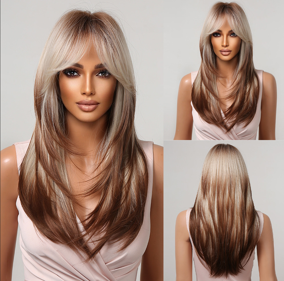 Synthetic Wigs ALAN Blonde Layered for Women Long Straight Brown Highlights with Bangs Balayage Hair Heat Resistant 230214