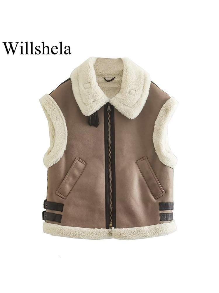 Women's Vests Willshela Women Fashion Splice Vest Front Zipper Vintage Lapel Neck Sleeveless Jacket Chic Lady Warm Waistcoat Outfits 230215
