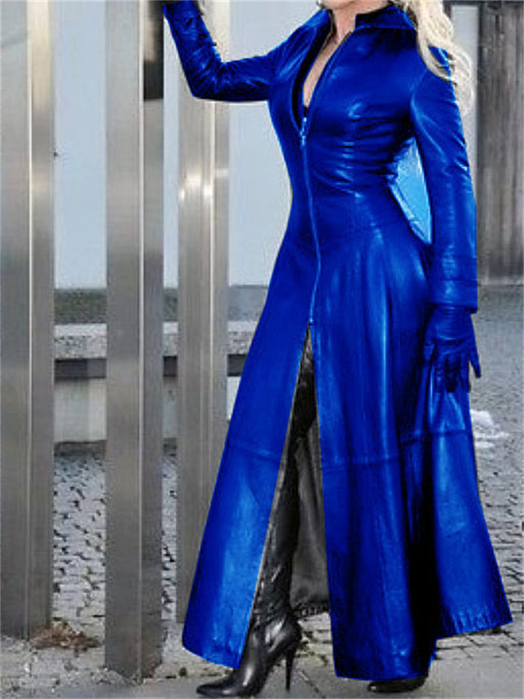 Women's Blue Faux Leather Long Coat: Stylish And Elegant For The Modern Office Lady