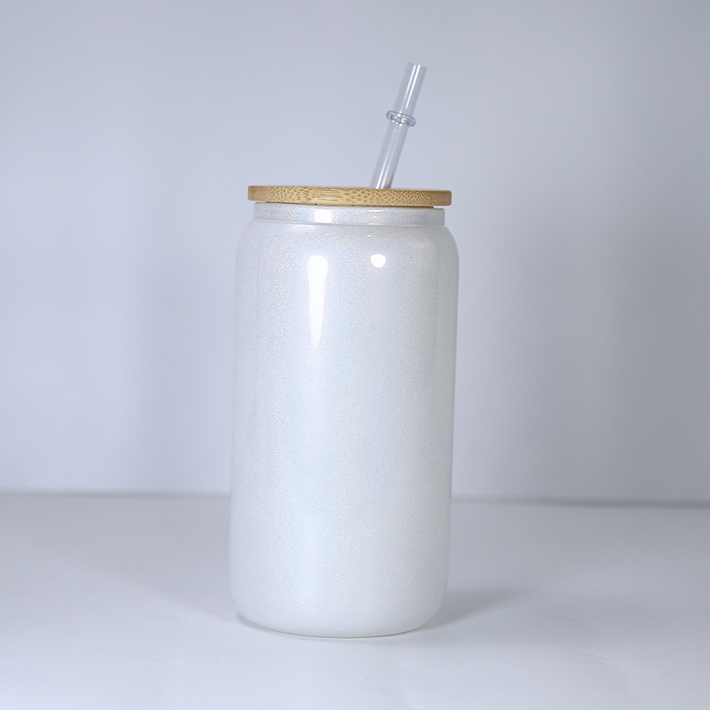 sublimation 16oz glitter glass tumbler with bamboo lid reusable straw shimmer glass tumblers beer Can Soda Can Cup drinking cups