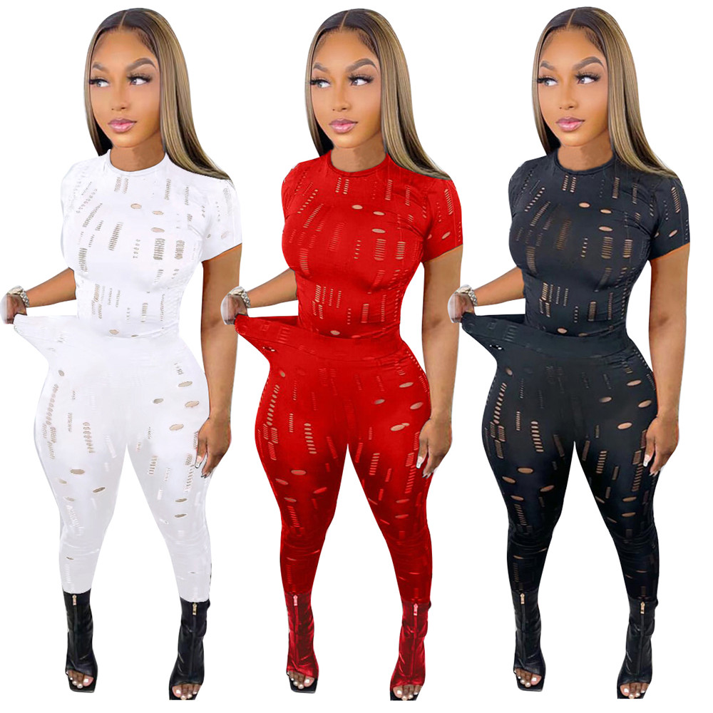 Designer Tracksuits Summer Two Piece Sets Womens Outfits Ripped Sprotswear Short Sleeve Pullover T-shirt and Pants Casual holes Sports suits 9272
