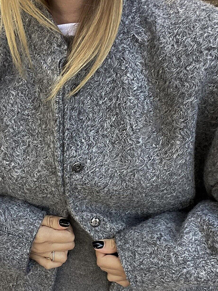 Women's Jackets Gray Bomber For Women 2023 Spring Casual Pocket Zipper Coat Vintage Long Sleeve Button Female Outerwear Chic Overshirt 230215