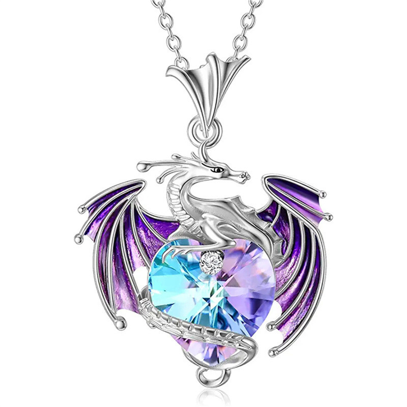 Unique Fashion Blue Heart Crystal Dragon Necklace for Women Charm Birthstone Flying Dragon Pendant Necklace Animal Jewelry Gift