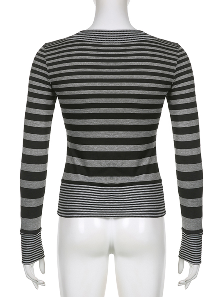 Women's T-Shirt Rapcopter y2k Striped Crop Top V Neck Full Sleeve T Shirt Vintage Harajuku Basic Casual Tee Women Autumn Winter Outfits Chic Top 