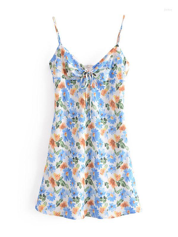 Casual Dresses YENKYE Vintage Daisy Print Sexy Sling Dress Women Bow Tie V Neck Sleeveless Holiday Beach Female Summer Short Vestido