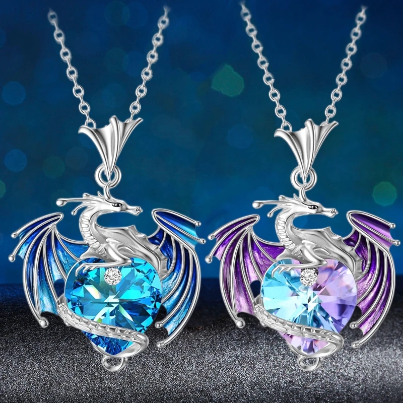 Unique Fashion Blue Heart Crystal Dragon Necklace for Women Charm Birthstone Flying Dragon Pendant Necklace Animal Jewelry Gift