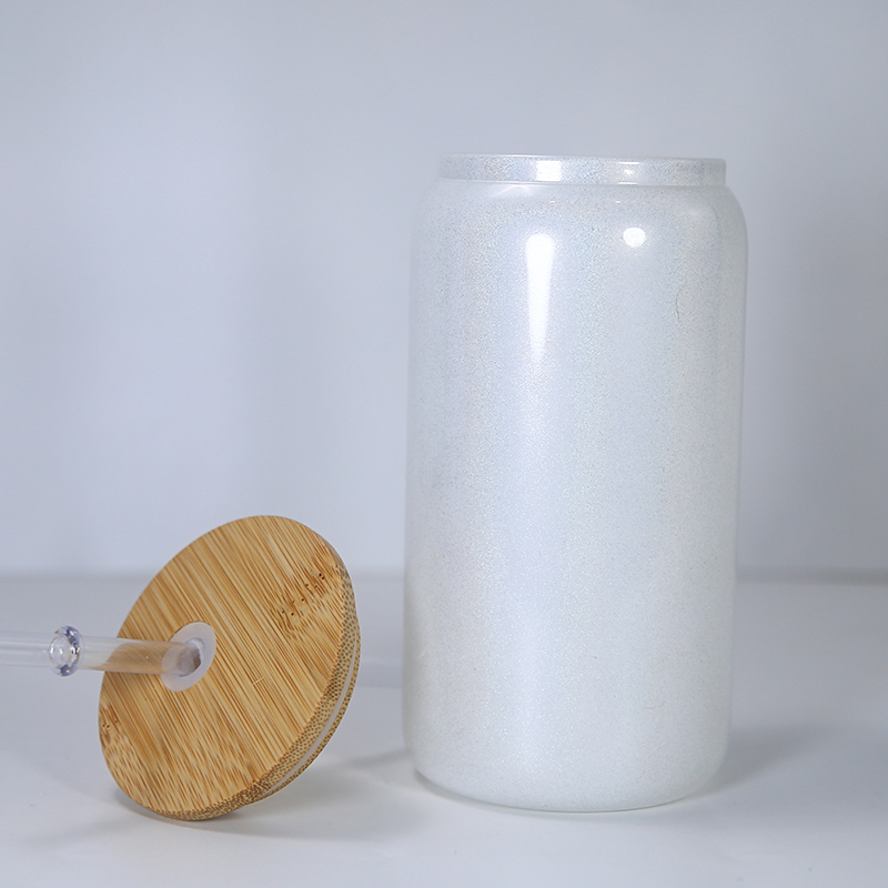 sublimation 16oz glitter glass tumbler with bamboo lid reusable straw shimmer glass tumblers beer Can Soda Can Cup drinking cups