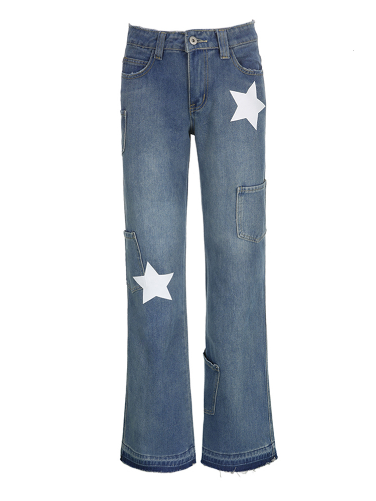Women's Jeans Weekeep Vintage Star Jeans Pocket Stitching Straight Denim Pants Women y2k Streetwear Casual Trousers Harajuku Low Rise Capris 2302