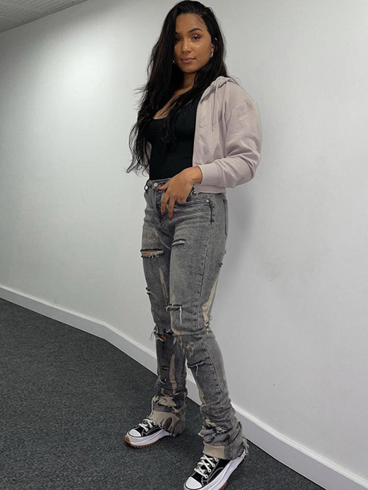 Women's Jeans Sifreyr Fashion Cotton Hole Jeans Women Y2K Stacked Pants Casual Chic Print Ripped Denim Skinny Trousers Gray Elastic Slim Jeans 23