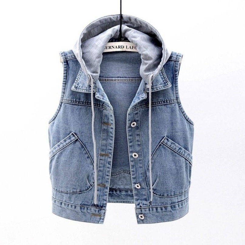 Womens Vests Women Denim Spring Autumn Clothes Sleeveless Wild Tops Blue Short Hooded Jacket Jeans Vest Female Waistcoat 230215