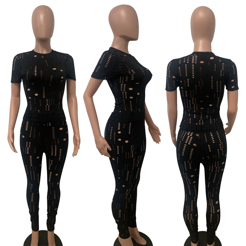 Designer Tracksuits Summer Two Piece Sets Womens Outfits Ripped Sprotswear Short Sleeve Pullover T-shirt and Pants Casual holes Sports suits 9272