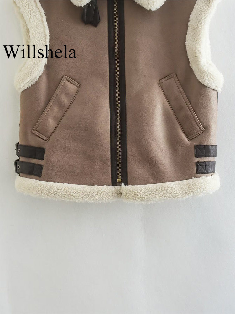 Women's Vests Willshela Women Fashion Splice Vest Front Zipper Vintage Lapel Neck Sleeveless Jacket Chic Lady Warm Waistcoat Outfits 230215