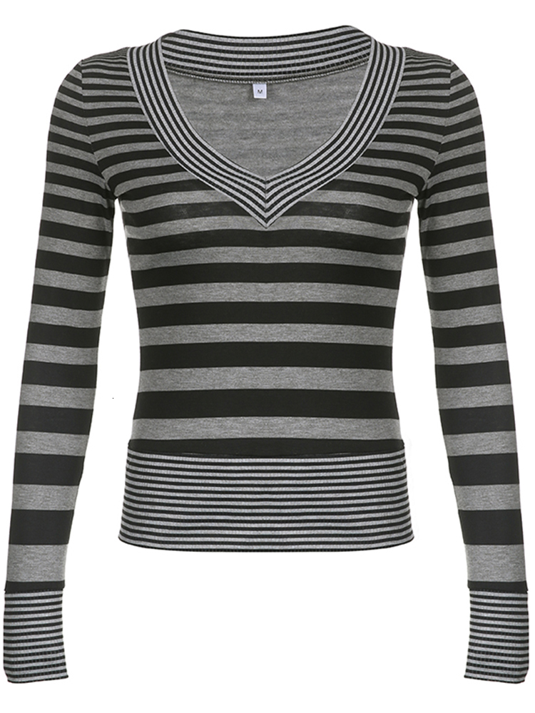 Women's T-Shirt Rapcopter y2k Striped Crop Top V Neck Full Sleeve T Shirt Vintage Harajuku Basic Casual Tee Women Autumn Winter Outfits Chic Top 