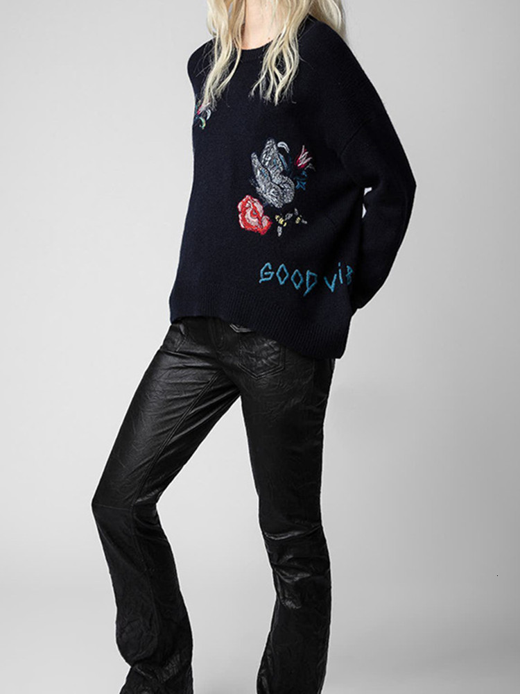 Womens Sweater Butterfly Flower Letter Embroidery Sweater 100% Cashmere Long Sleeve Ladies Jumper Autumn Winter Round Neck Top 230214