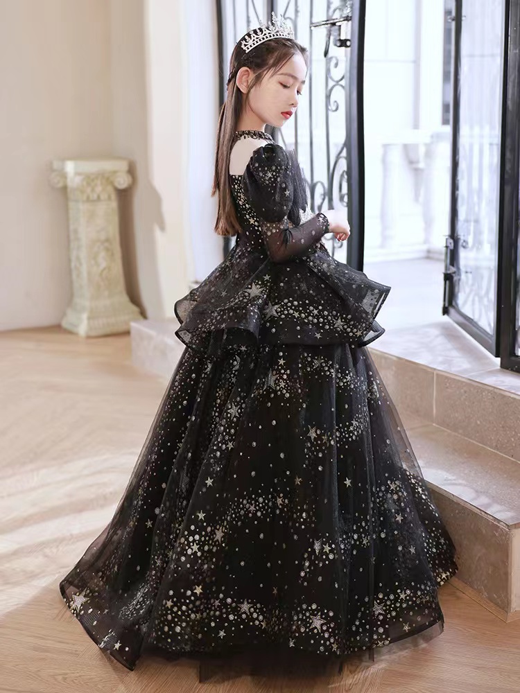 Lovely Black flower girl dress Girls Pageant Gowns 2023 Gold Sequins Tulle Ball Gown Kids Formal Dresses For Wedding Baby crystal birthday party gown