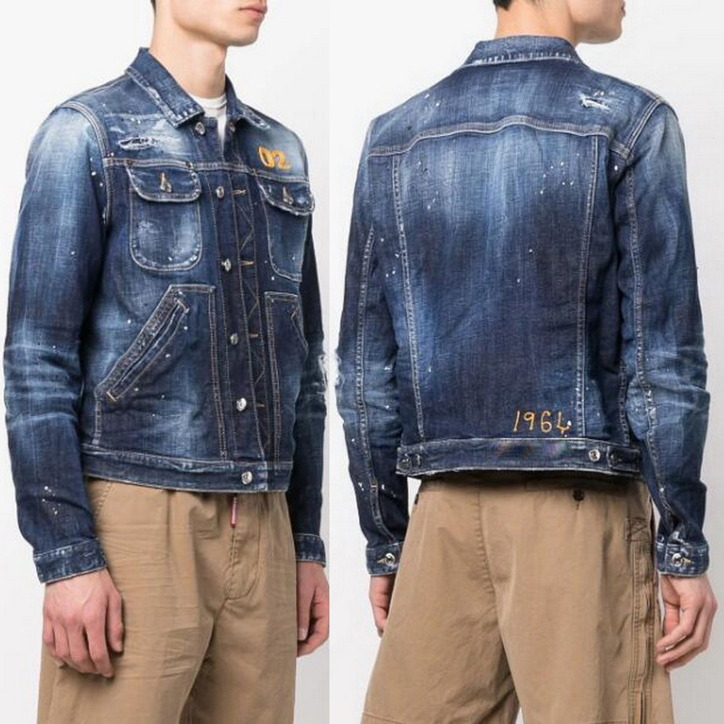Men Painted Denim Jacket Slim Fit Fading Vintage Outerwea Bleached Effect